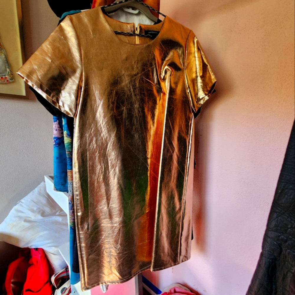 Gold lame shift dress